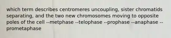 which term describes centromeres uncoupling, sister chromatids separating, and the two new chromosomes moving to opposite poles of the cell --metphase --telophase --prophase --anaphase --prometaphase