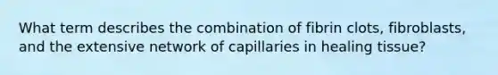 What term describes the combination of fibrin clots, fibroblasts, and the extensive network of capillaries in healing tissue?