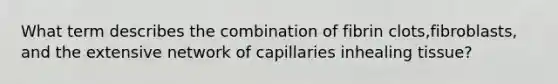 What term describes the combination of fibrin clots,fibroblasts, and the extensive network of capillaries inhealing tissue?