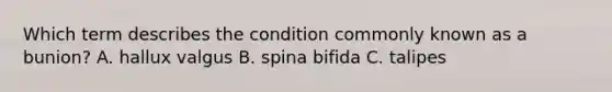 Which term describes the condition commonly known as a bunion? A. hallux valgus B. spina bifida C. talipes