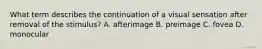 What term describes the continuation of a visual sensation after removal of the stimulus? A. afterimage B. preimage C. fovea D. monocular