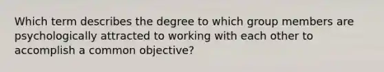 Which term describes the degree to which group members are psychologically attracted to working with each other to accomplish a common objective?