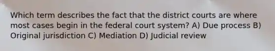 Which term describes the fact that the district courts are where most cases begin in the federal court system? A) Due process B) Original jurisdiction C) Mediation D) Judicial review