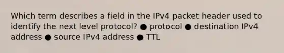 Which term describes a field in the IPv4 packet header used to identify the next level protocol? ● protocol ● destination IPv4 address ● source IPv4 address ● TTL