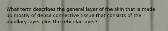 What term describes the general layer of the skin that is made up mostly of dense connective tissue that consists of the papillary layer plus the reticular layer?