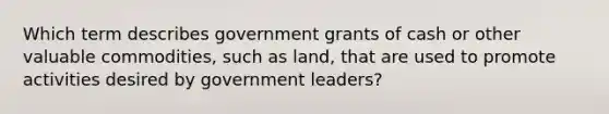 Which term describes government grants of cash or other valuable commodities, such as land, that are used to promote activities desired by government leaders?