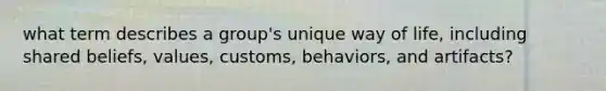 what term describes a group's unique way of life, including shared beliefs, values, customs, behaviors, and artifacts?