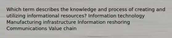 Which term describes the knowledge and process of creating and utilizing informational​ resources? Information technology Manufacturing infrastructure Information reshoring Communications Value chain