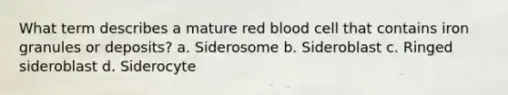 What term describes a mature red blood cell that contains iron granules or deposits? a. Siderosome b. Sideroblast c. Ringed sideroblast d. Siderocyte