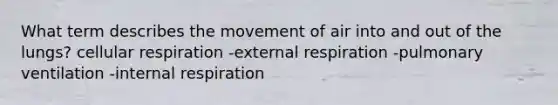 What term describes the movement of air into and out of the lungs? cellular respiration -external respiration -pulmonary ventilation -internal respiration