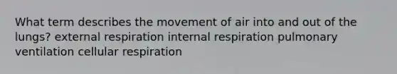 What term describes the movement of air into and out of the lungs? external respiration internal respiration pulmonary ventilation <a href='https://www.questionai.com/knowledge/k1IqNYBAJw-cellular-respiration' class='anchor-knowledge'>cellular respiration</a>