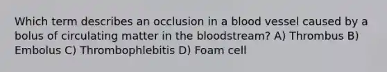 Which term describes an occlusion in a blood vessel caused by a bolus of circulating matter in the bloodstream? A) Thrombus B) Embolus C) Thrombophlebitis D) Foam cell