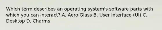 Which term describes an operating system's software parts with which you can interact? A. Aero Glass B. User interface (UI) C. Desktop D. Charms