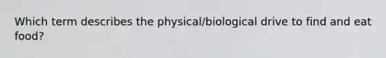 Which term describes the physical/biological drive to find and eat food?