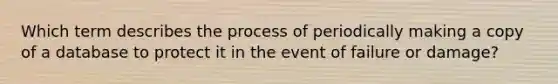 Which term describes the process of periodically making a copy of a database to protect it in the event of failure or damage?