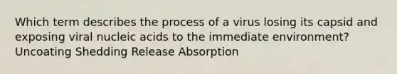 Which term describes the process of a virus losing its capsid and exposing viral nucleic acids to the immediate environment? Uncoating Shedding Release Absorption