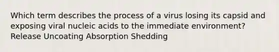 Which term describes the process of a virus losing its capsid and exposing viral nucleic acids to the immediate environment? Release Uncoating Absorption Shedding