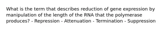 What is the term that describes reduction of <a href='https://www.questionai.com/knowledge/kFtiqWOIJT-gene-expression' class='anchor-knowledge'>gene expression</a> by manipulation of the length of the RNA that the polymerase produces? - Repression - Attenuation - Termination - Suppression