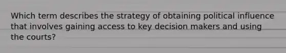 Which term describes the strategy of obtaining political influence that involves gaining access to key decision makers and using the courts?