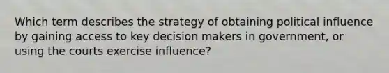 Which term describes the strategy of obtaining political influence by gaining access to key decision makers in government, or using the courts exercise influence?