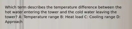 Which term describes the temperature difference between the hot water entering the tower and the cold water leaving the tower? A: Temperature range B: Heat load C: Cooling range D: Approach