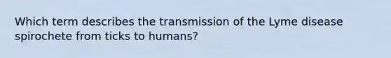 Which term describes the transmission of the Lyme disease spirochete from ticks to humans?