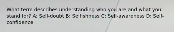 What term describes understanding who you are and what you stand for? A: Self-doubt B: Selfishness C: Self-awareness D: Self-confidence