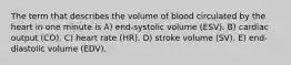 The term that describes the volume of blood circulated by the heart in one minute is A) end-systolic volume (ESV). B) cardiac output (CO). C) heart rate (HR). D) stroke volume (SV). E) end-diastolic volume (EDV).