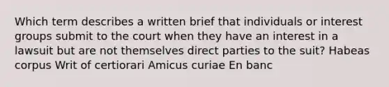 Which term describes a written brief that individuals or interest groups submit to the court when they have an interest in a lawsuit but are not themselves direct parties to the suit? Habeas corpus Writ of certiorari Amicus curiae En banc