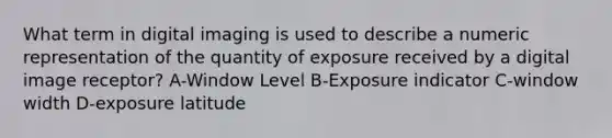 What term in digital imaging is used to describe a numeric representation of the quantity of exposure received by a digital image receptor? A-Window Level B-Exposure indicator C-window width D-exposure latitude