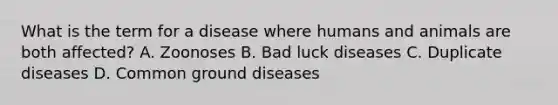 What is the term for a disease where humans and animals are both affected? A. Zoonoses B. Bad luck diseases C. Duplicate diseases D. Common ground diseases