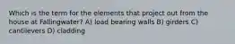 Which is the term for the elements that project out from the house at Fallingwater? A) load bearing walls B) girders C) cantilevers D) cladding