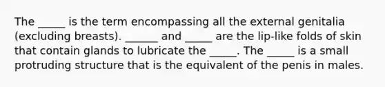 The _____ is the term encompassing all the external genitalia (excluding breasts). ______ and _____ are the lip-like folds of skin that contain glands to lubricate the _____. The _____ is a small protruding structure that is the equivalent of the penis in males.