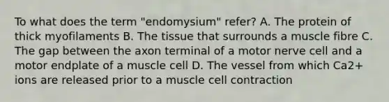 To what does the term "endomysium" refer? A. The protein of thick myofilaments B. The tissue that surrounds a muscle fibre C. The gap between the axon terminal of a motor nerve cell and a motor endplate of a muscle cell D. The vessel from which Ca2+ ions are released prior to a muscle cell contraction