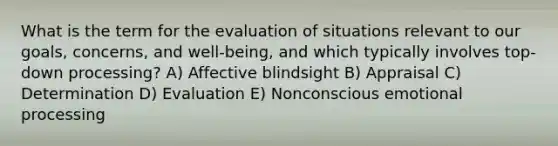 What is the term for the evaluation of situations relevant to our goals, concerns, and well-being, and which typically involves top-down processing? A) Affective blindsight B) Appraisal C) Determination D) Evaluation E) Nonconscious emotional processing