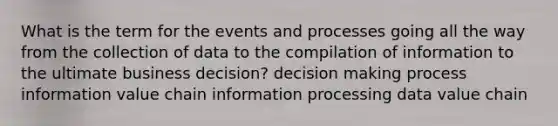 What is the term for the events and processes going all the way from the collection of data to the compilation of information to the ultimate business decision? decision making process information value chain information processing data value chain