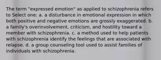 The term "expressed emotion" as applied to schizophrenia refers to Select one: a. a disturbance in emotional expression in which both positive and negative emotions are grossly exaggerated. b. a family's overinvolvement, criticism, and hostility toward a member with schizophrenia. c. a method used to help patients with schizophrenia identify the feelings that are associated with relapse. d. a group counseling tool used to assist families of individuals with schizophrenia.