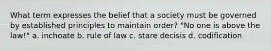 What term expresses the belief that a society must be governed by established principles to maintain order? "No one is above the law!" a. inchoate b. rule of law c. stare decisis d. codification