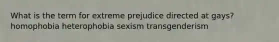 What is the term for extreme prejudice directed at gays? homophobia heterophobia sexism transgenderism