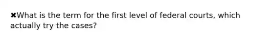 ✖What is the term for the first level of <a href='https://www.questionai.com/knowledge/kzzdxYQ4u6-federal-courts' class='anchor-knowledge'>federal courts</a>, which actually try the cases?