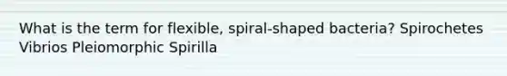 What is the term for flexible, spiral-shaped bacteria? Spirochetes Vibrios Pleiomorphic Spirilla