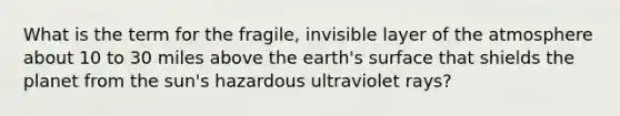 What is the term for the fragile, invisible layer of the atmosphere about 10 to 30 miles above the earth's surface that shields the planet from the sun's hazardous ultraviolet rays?