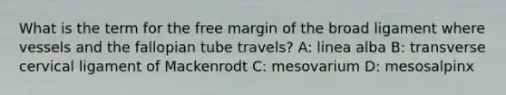 What is the term for the free margin of the broad ligament where vessels and the fallopian tube travels? A: linea alba B: transverse cervical ligament of Mackenrodt C: mesovarium D: mesosalpinx