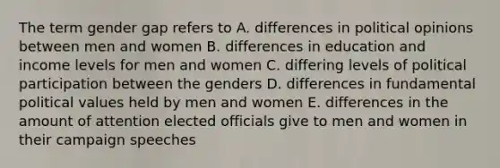 The term gender gap refers to A. differences in political opinions between men and women B. differences in education and income levels for men and women C. differing levels of political participation between the genders D. differences in fundamental political values held by men and women E. differences in the amount of attention elected officials give to men and women in their campaign speeches