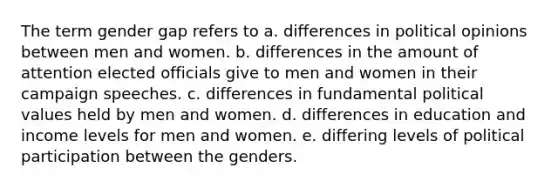 The term gender gap refers to a. differences in political opinions between men and women. b. differences in the amount of attention elected officials give to men and women in their campaign speeches. c. differences in fundamental political values held by men and women. d. differences in education and income levels for men and women. e. differing levels of political participation between the genders.