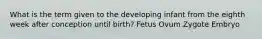 What is the term given to the developing infant from the eighth week after conception until birth? Fetus Ovum Zygote Embryo