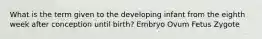 What is the term given to the developing infant from the eighth week after conception until birth? Embryo Ovum Fetus Zygote