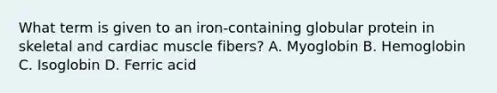 What term is given to an iron-containing globular protein in skeletal and cardiac muscle fibers? A. Myoglobin B. Hemoglobin C. Isoglobin D. Ferric acid