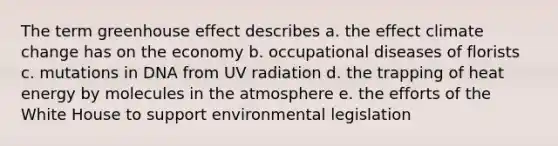 The term greenhouse effect describes a. the effect climate change has on the economy b. occupational diseases of florists c. mutations in DNA from UV radiation d. the trapping of heat energy by molecules in the atmosphere e. the efforts of the White House to support environmental legislation