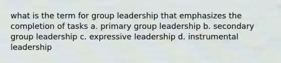 what is the term for group leadership that emphasizes the completion of tasks a. primary group leadership b. secondary group leadership c. expressive leadership d. instrumental leadership